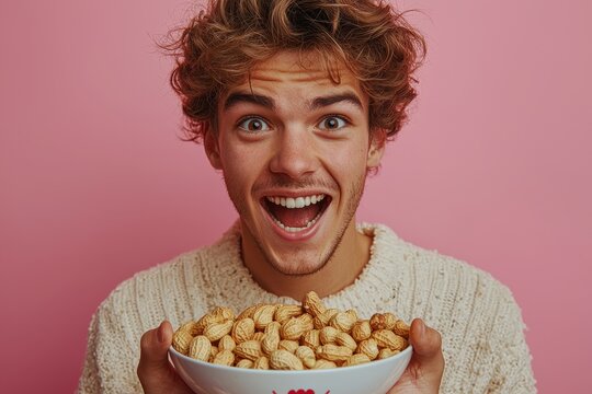 Excited young man holding a bowl of peanuts against a pink background