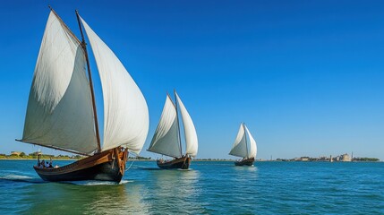 Naklejka premium Vintage sailing boats on tranquil water