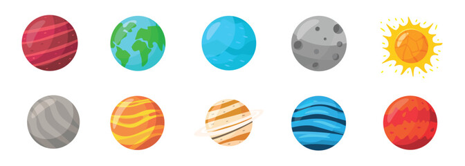 Space exploration and astronomy icon collection featuring all planets and the sun in colorful cartoon style
