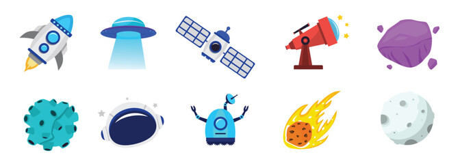 Outer space and asteroid exploration icon collection featuring rocket, UFO, satellite, meteor, and telescope in vibrant cartoon style
