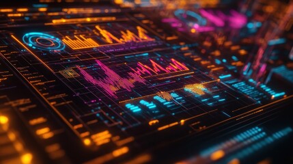Futuristic display screen with glowing graphs and charts