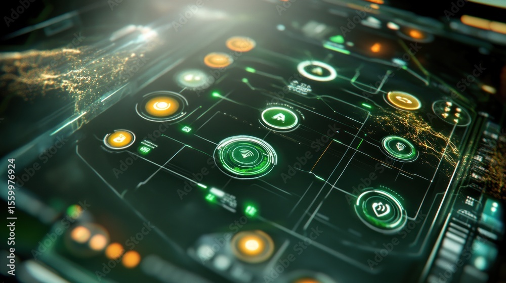 Wall mural futuristic interface with glowing controls and data overlays