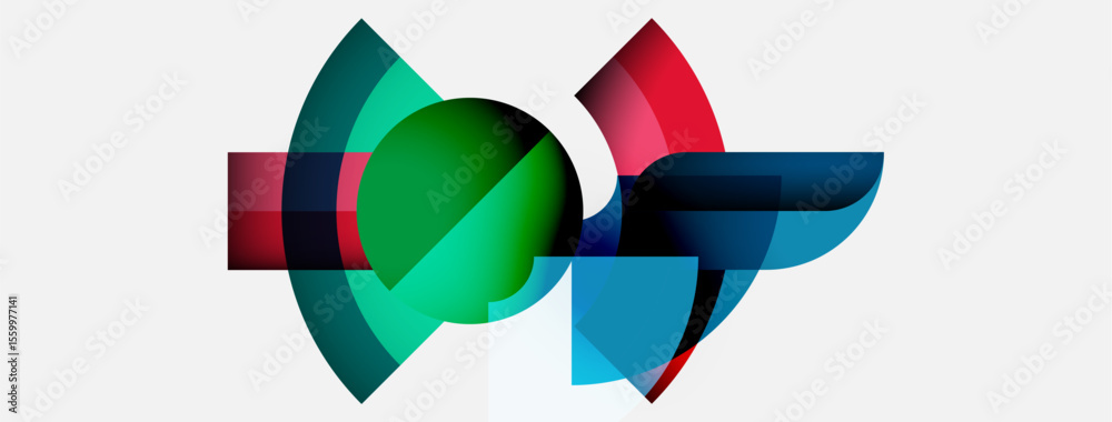 Poster Abstract geometric shapes overlap, creating vibrant color blends. Design features curves, circles, rectangles, gradients. Modern aesthetic.