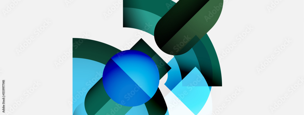 Aufkleber abstract shapes overlap, creating dynamic composition. blue, teal hues dominate white background. mo