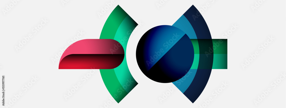 Poster Abstract graphic design features colorful overlapping shapes. Circular elements dominate composition, creating dynamic visual impact. Modern aesthetic.