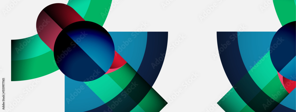 Poster Abstract composition features overlapping colorful shapes. Gradient hues blend, creating dynamic visual effect. Modern design, clean aesthetic.