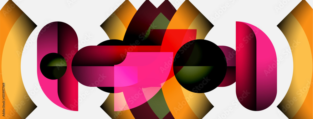 Poster abstract composition. geometric shapes overlap, creating vibrant color patterns. pink, red, gold dom