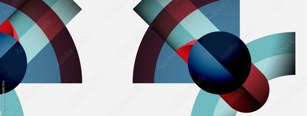 Aufkleber Abstract geometric composition. Overlapping circles, arcs create dynamic visual rhythm. Cool blues contrast warm reds, white background.