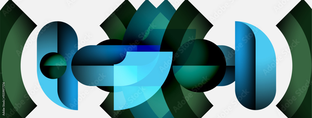 Aufkleber Abstract composition. Blue, teal shapes overlap creating dynamic visual effect. Minimalist design, modern aesthetic. Smooth gradients present.