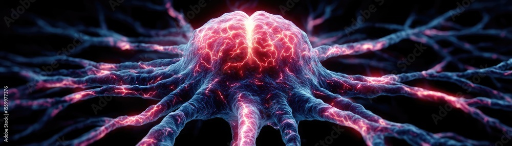 Aufkleber Cortex processor supports neuron activation process concept. An abstract representation of a neuron glowing in vibrant colors.