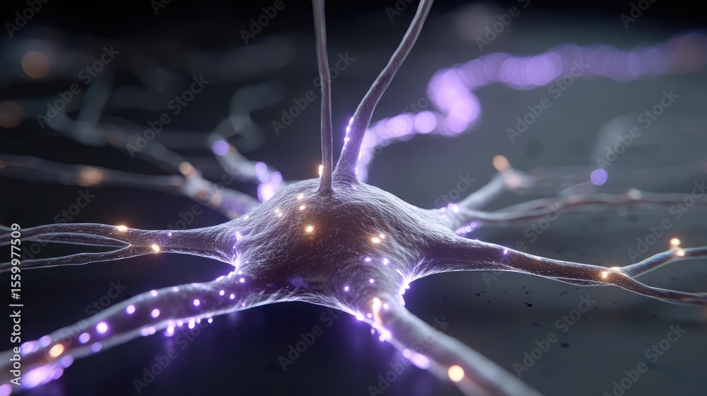 Aufkleber Cortex processor supports neuron activation process concept. Close-up view of a glowing neuron with intricate connections.
