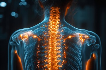 Illustrated representation of the human spine with glowing neural connections