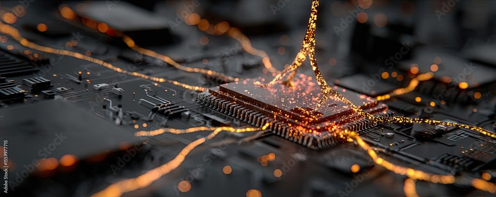 Aufkleber Cortex processor supports neuron activation process concept. Close-up of a circuit board with glowing connections and details.