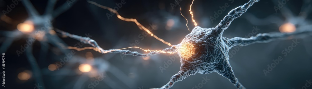Aufkleber Cortex processor supports neuron activation process concept. Close-up view of neural cell activity in the human brain.