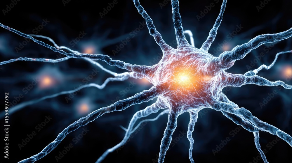 Aufkleber Cortex processor supports neuron activation process concept. Close-up view of a neuron with glowing connections and luminescence.