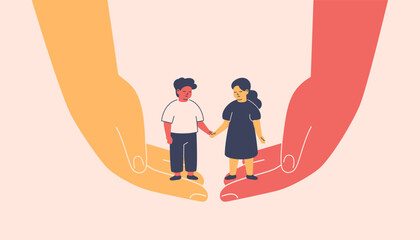 multicultural friendship between children. international education. girl and boy hold hands and adults support them. Care, help, love concept. vector illustration