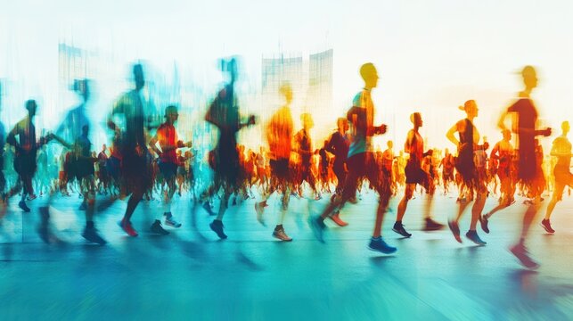 City marathon runners.  Large group of people jogging on city streets in a blur of motion.  Colorful silhouettes.  Active lifestyle