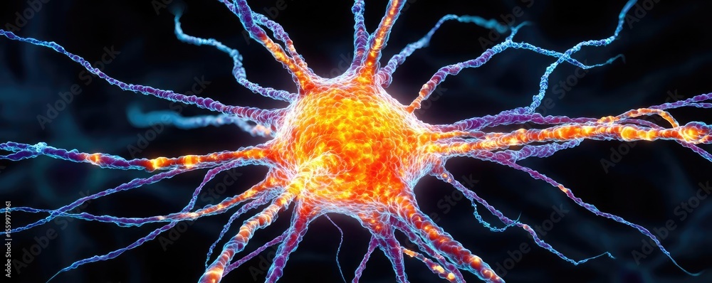 Aufkleber Cortex processor supports neuron activation process concept. Microscopic view of a colorful neuron highlighting neural activity.
