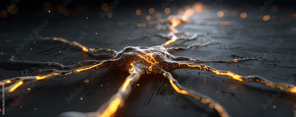 Poster Cortex processor supports neuron activation process concept. A glowing network of energy surging through a dark surface.