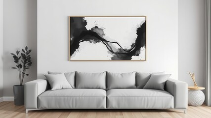 Modern living room wall art mockup with abstract geometric design in black and white tones, placed above a sleek grey sofa, black and white, background, mockup