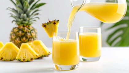 Golden pineapple juice in mid-pour from a glass jug into a glass, splash frozen in motion, tropical mood, white surface background, pineapple wedges blurred at edge