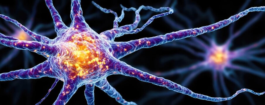 Cortex processor supports neuron activation process concept. Detailed view of a neuron showcasing its intricate structure.