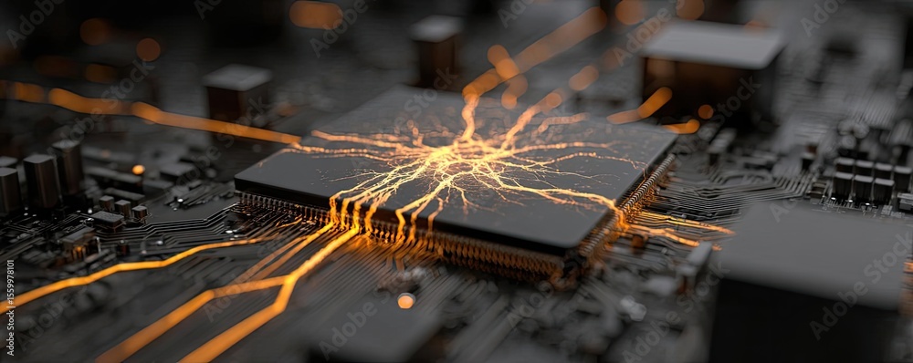 Aufkleber Cortex processor supports neuron activation process concept. Close-up of a circuit board with glowing connections and details.