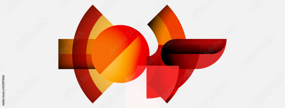 Poster Abstract design features layered orange, red shapes. Circular elements intersect creating dynamic visual impact. Minimalist style, warm tones dominate.
