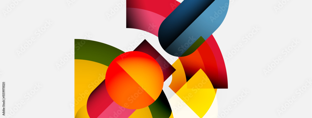 Poster Abstract composition features colorful geometric shapes. Overlapping forms create dynamic visual interest, using gradients, curves, angles.