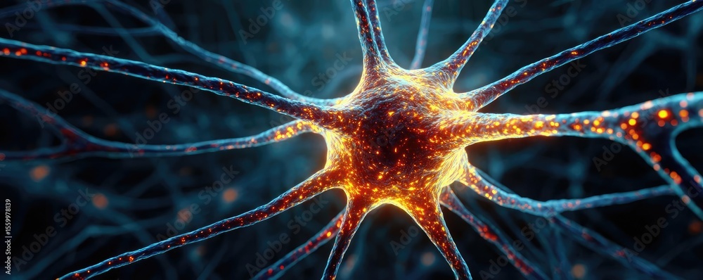 Aufkleber Cortex processor supports neuron activation process concept. Close-up view of a glowing neuron in a dark environment.