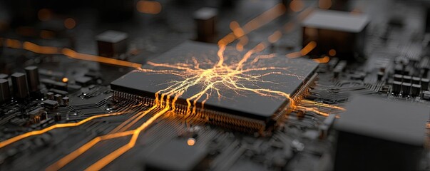 Cortex processor supports neuron activation process concept. Close-up of a circuit board with glowing connections and details.
