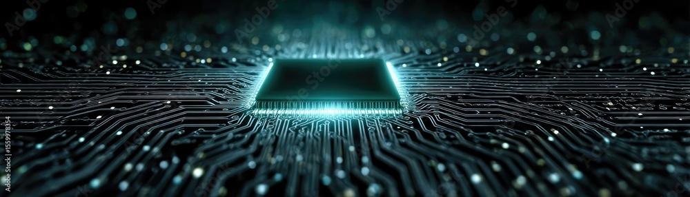 Poster Adaptive chip and programmable integration concept. Futuristic microchip design with glowing circuits and patterns.