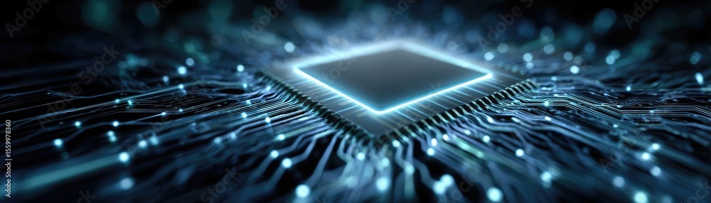 Aufkleber Adaptive chip and programmable integration concept. Close-up of a glowing microchip on a circuit board.