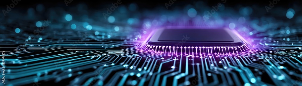 Aufkleber Adaptive chip and programmable integration concept. Close-up of a glowing computer chip on a circuit board.