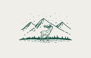 Line sketch of mountain landscape with deer. Engraving, logo style. Male deer stands sideways on a hill and roars, three mountains and a forest ridge in the background