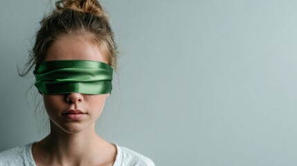 A contemplative young woman with her eyes covered by a green satin ribbon gazes forward, symbolizing trust, surrender, and the deeper understanding of the unseen aspects of life.