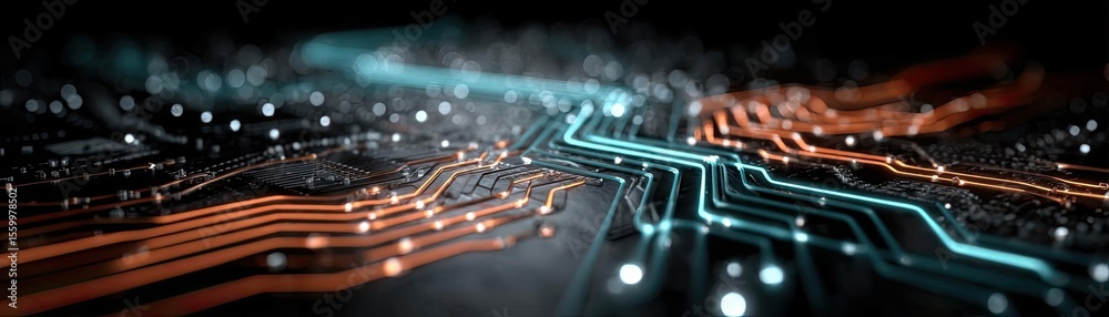 Aufkleber Adaptive chip and programmable integration concept. Abstract view of a circuit board with illuminated connections.