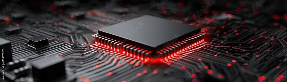 Aufkleber Adaptive chip and programmable integration concept. Close-up view of a microchip with glowing red lights.