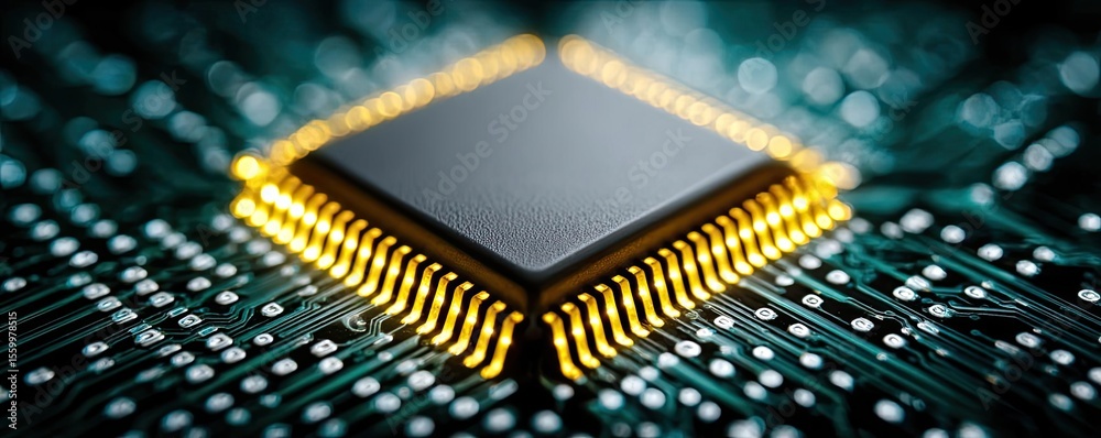 Poster Adaptive chip and programmable integration concept. Close-up of a microchip on a circuit board, showcasing its details.