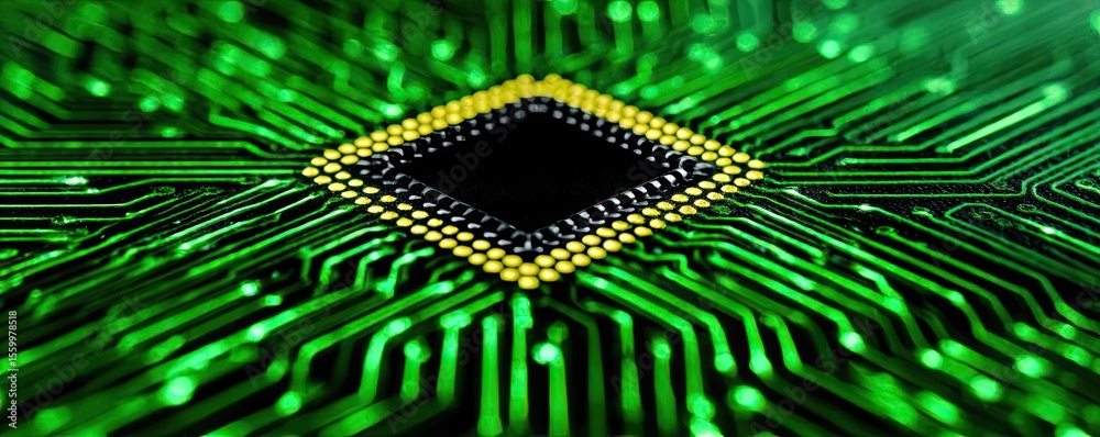 Aufkleber Adaptive chip and programmable integration concept. Close-up of a microchip on a circuit board with vibrant colors.
