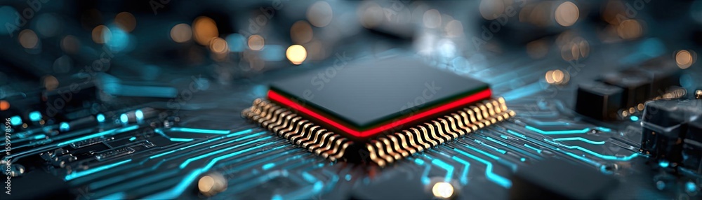 Aufkleber Adaptive chip and programmable integration concept. Close-up view of a microchip on a circuit board with blue lights.