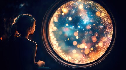 Child gazing through a round window at a vibrant cosmic scene