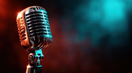 An artistic close-up of a vintage microphone set against a dramatic, colorful background, encapsulating the essence of music, performance, and nostalgia in a captivating way.