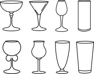Set of wine glasses and drink icons vector collection for bar party and restaurant design