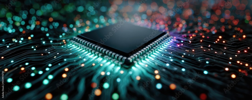 Poster Adaptive chip and programmable integration concept. Futuristic microchip with vibrant circuits and glowing lights.