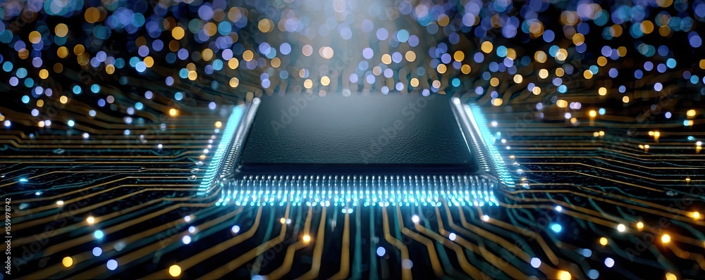Aufkleber Adaptive chip and programmable integration concept. Abstract close-up of a futuristic microchip with glowing lights.