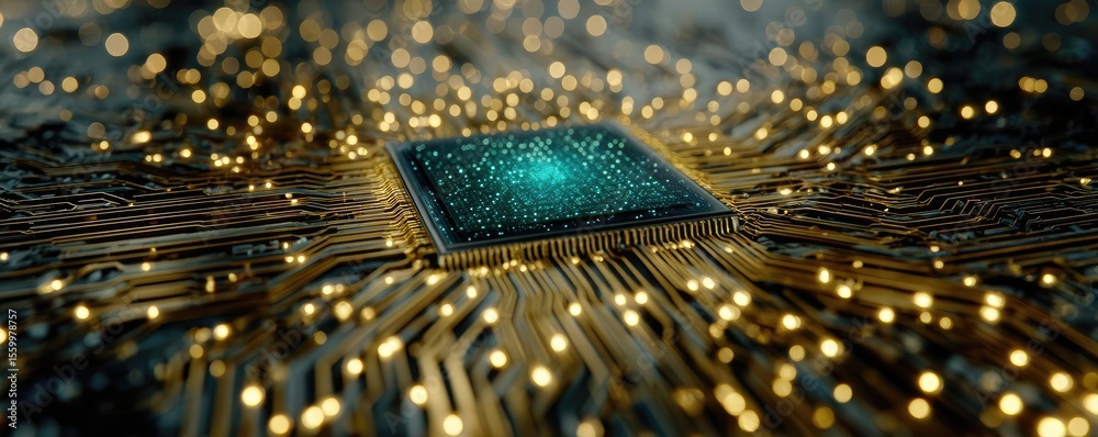 Aufkleber Adaptive chip and programmable integration concept. Close-up of a microchip with glowing connections and circuits.