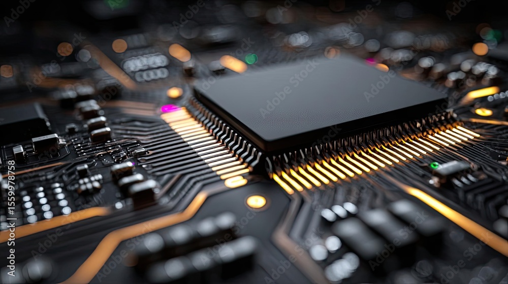 Poster Adaptive chip and programmable integration concept. Close-up view of a microchip on a circuit board.