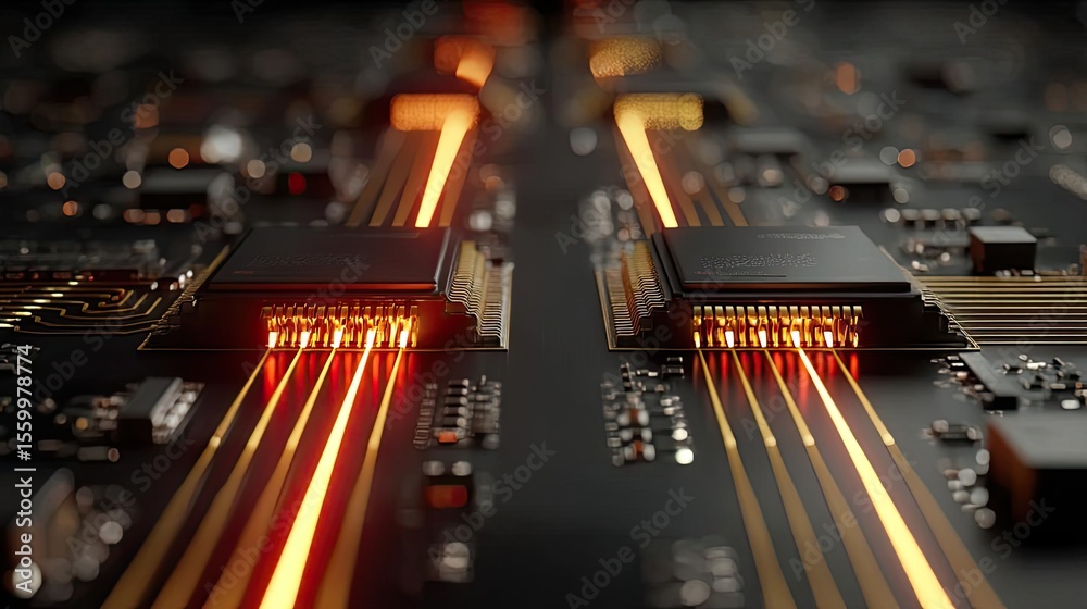 Poster Adaptive chip and programmable integration concept. Close-up of a circuit board with glowing connections and chips.