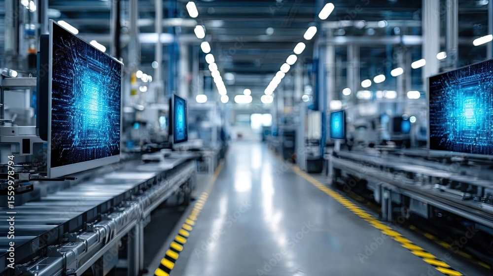 Aufkleber Adaptive chip and programmable integration concept. High-tech factory with digital screens in a modern production line.